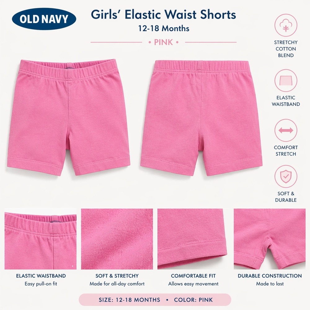 Old Navy Baby Girls Pink Heathered Biker Shorts Elastic Waist 12-18‎ Months